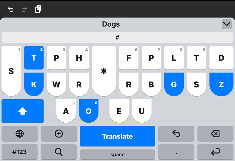 A four key chord held on the Steno Keyboard in its light theme, with the Translate
                  key highlighted and the word Dogs written above.